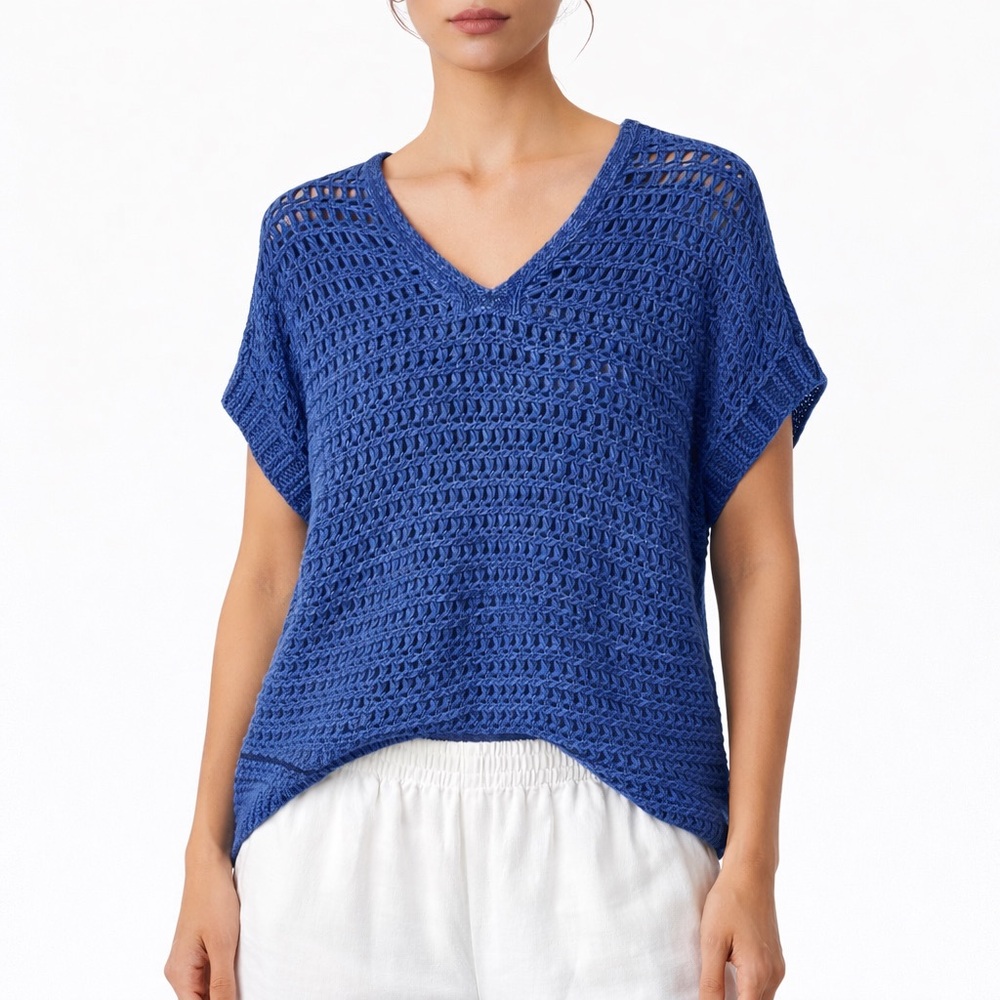 V-Neck Open Knit Sweater Top - Blue